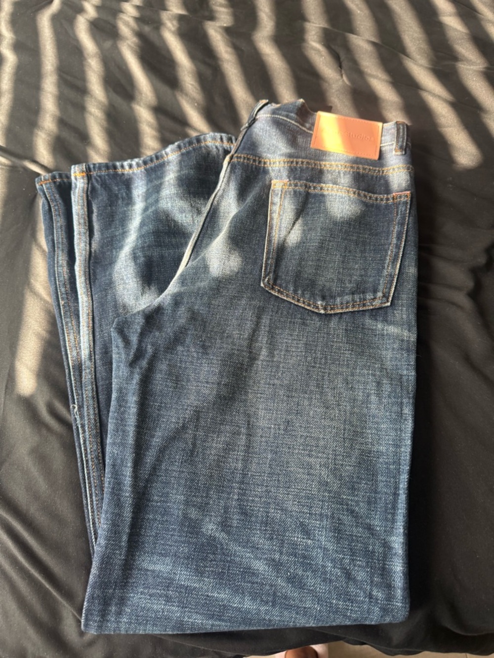 Acne Straight-Leg Jeans in Dark Blue Denim with Tan Patch